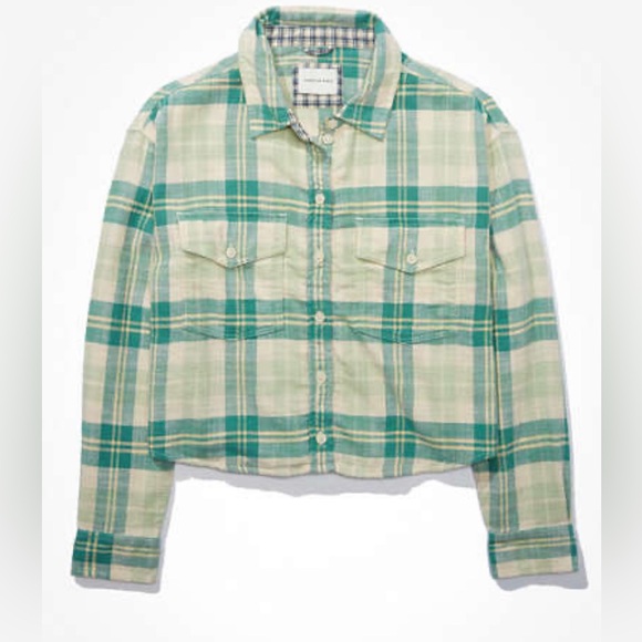 American Eagle Cropped Green Flannel 100% Cotton - Picture 1 of 6